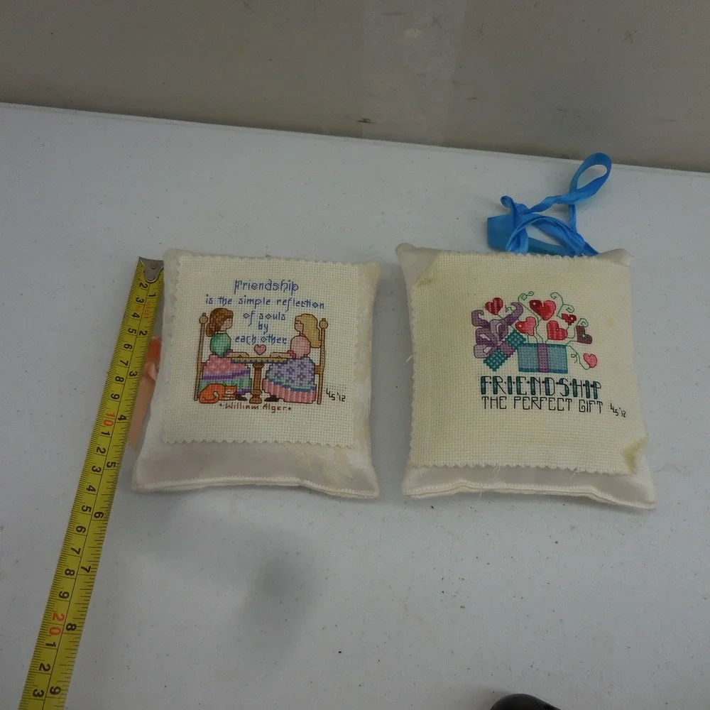 Vintage Cross Stitch Friendship Pillows Set of 2 Handmade Hanging Decor 4.5